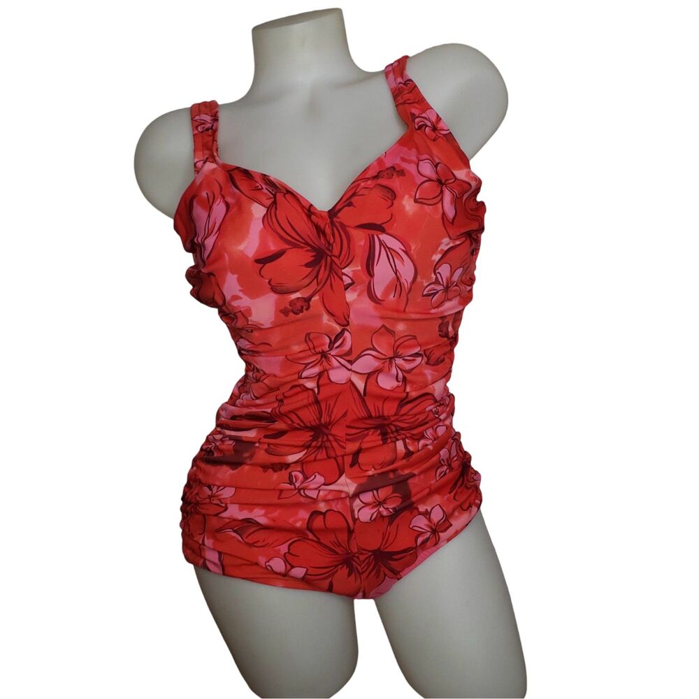 Maxine of Hollywood Vintage Pin Up Red Tropical Floral Swimsuit Womens Size 16